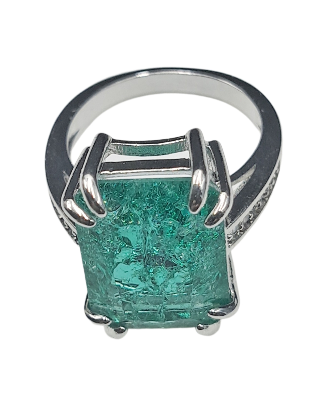 Emerald Green Cushion Cocktail Ring - Silver Tone - Picture 3 of 7
